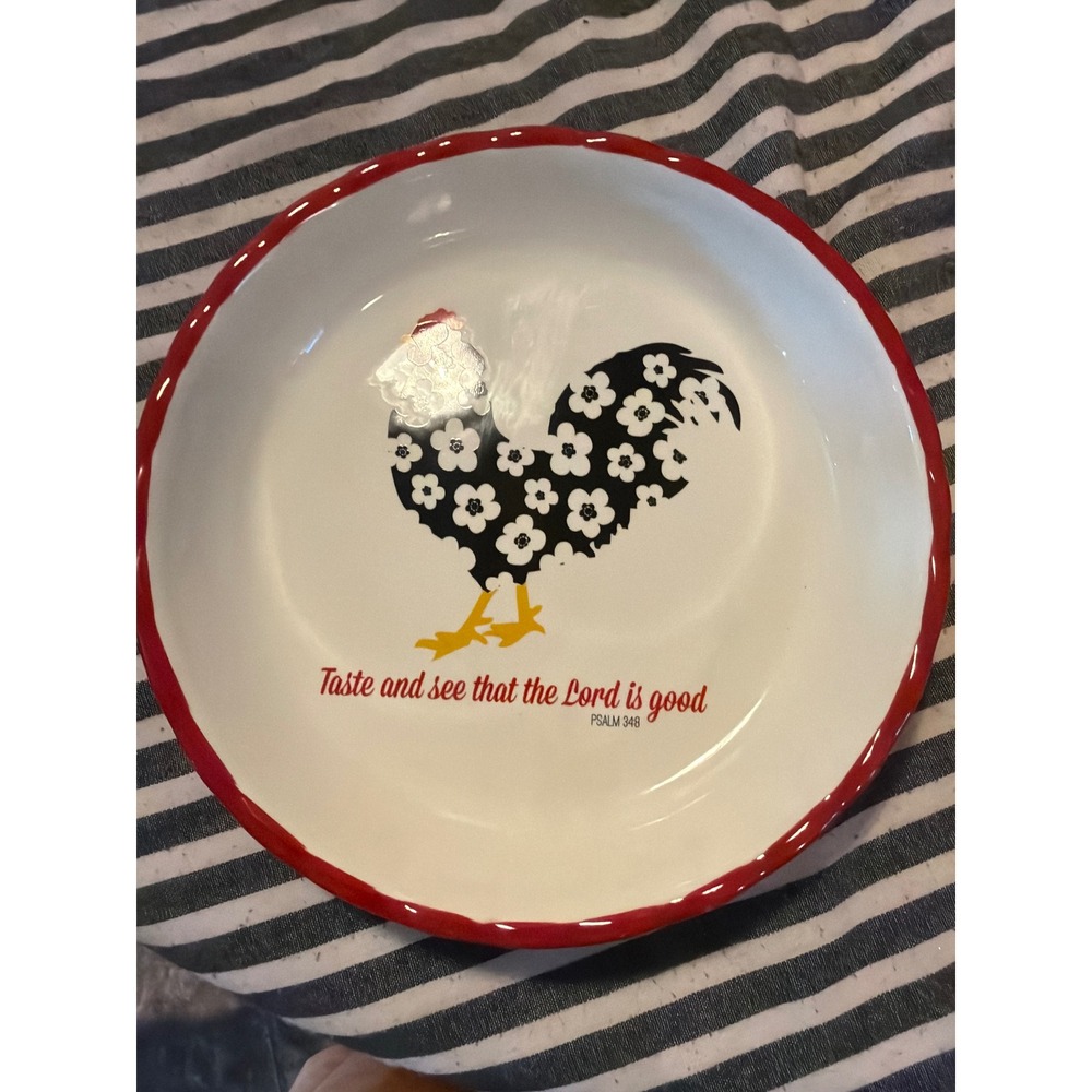 Family Christian Rooster Pie Dish Psalm 34:8 Ceramic Red Scalloped Rim 10.25"